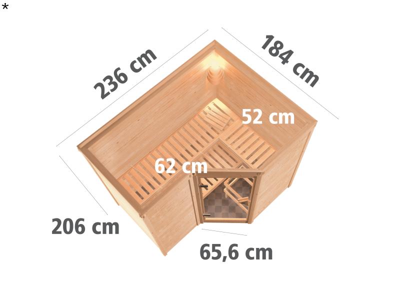 Karibu Sauna Sahib 2 inkl. 9-kW-Ofen mit interner Steuerung, ohne Dachkranz, mit moderner Saunatür