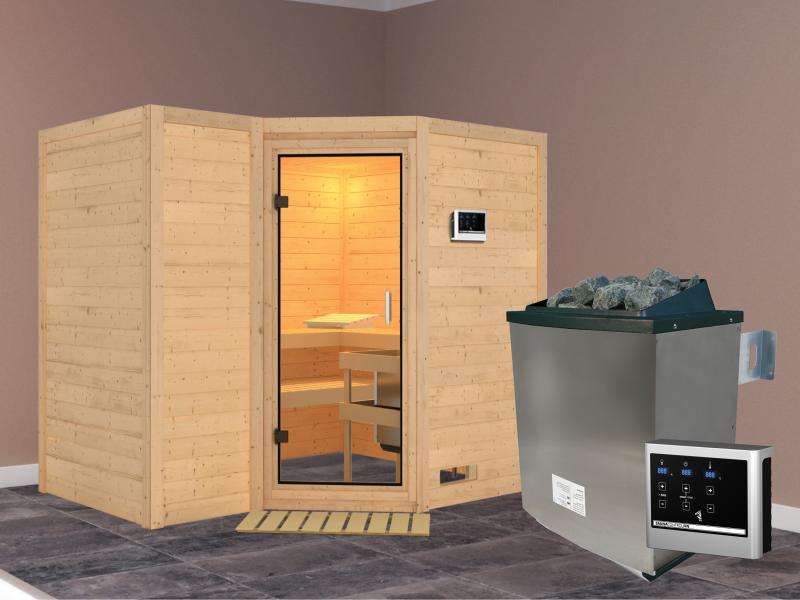 Karibu Sauna Sahib 2 inkl. Ofen mit ext. Steuerung, ohne Dachkranz, mit Klarglas Ganzglastür