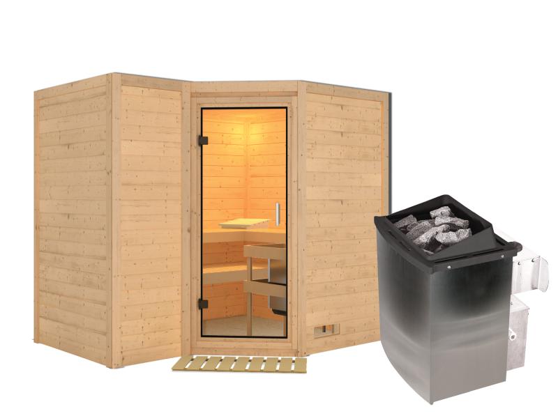 Karibu Sauna Sahib 2 inkl. Ofen mit int. Steuerung, ohne Dachkranz, mit Klarglas Ganzglastür