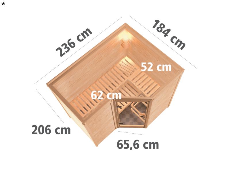 Karibu Sauna Sahib 2 inkl. Ofen mit int. Steuerung, ohne Dachkranz, mit Klarglas Ganzglastür