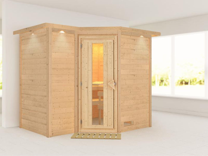 Karibu Sauna Sahib 2 ohne Ofen, mit Dachkranz, mit energiesparender Saunatür