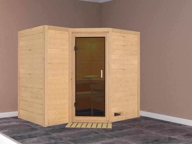 Karibu Sauna Sahib 2 ohne Ofen, ohne Dachkranz, mit moderner Saunatür