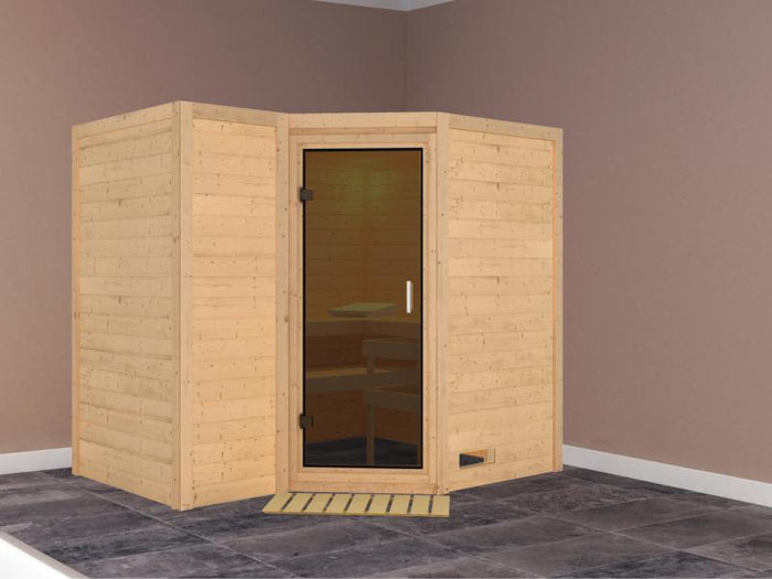 Karibu Sauna Sahib 2 ohne Ofen, ohne Dachkranz, mit moderner Saunatür