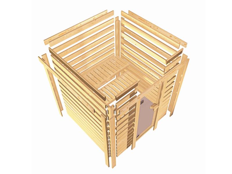 Karibu Sauna Sandra inkl. 9 kW Bioofen ext. Strg mit klassischer Saunatür -mit Dachkranz-