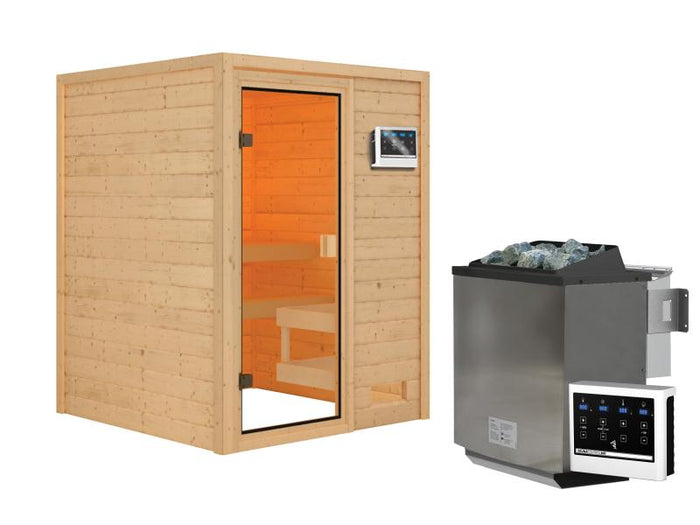 Karibu Sauna Sandra inkl. 9 kW Bioofen ext. Steuerung mit klassischer Tür -ohne Dachkranz-