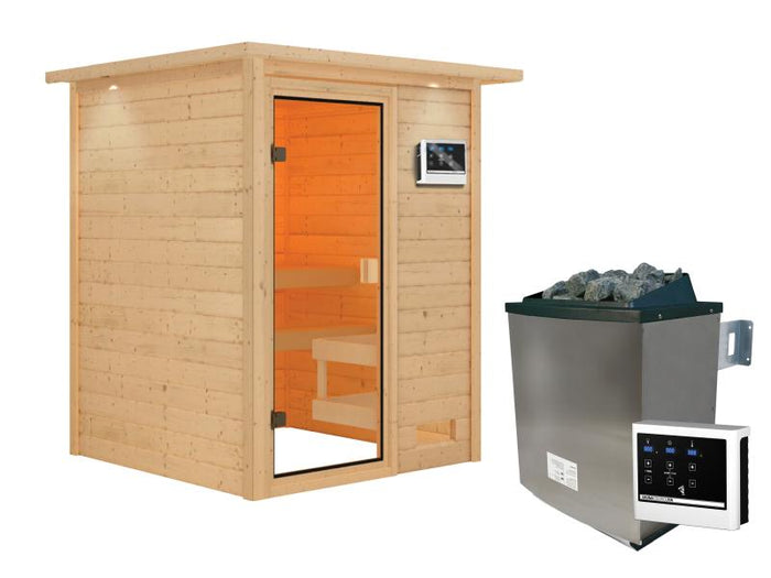 Karibu Sauna Sandra inkl. 9 kW Ofen ext. Steuerung mit klassischer Saunatür -mit Dachkranz-
