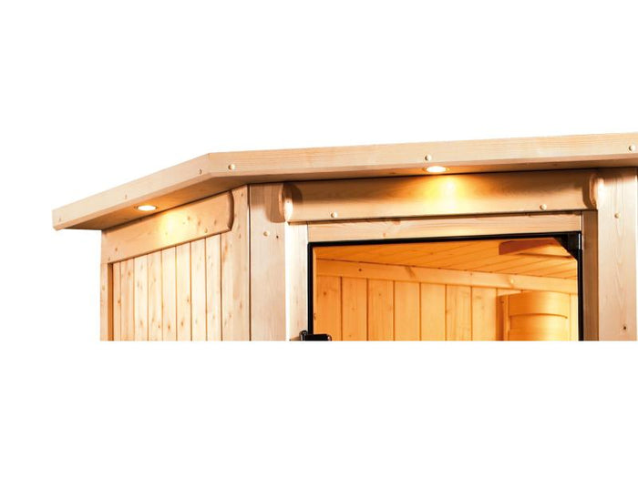 Karibu Sauna Sandra inkl. 9 kW Ofen ext. Steuerung mit klassischer Saunatür -mit Dachkranz-