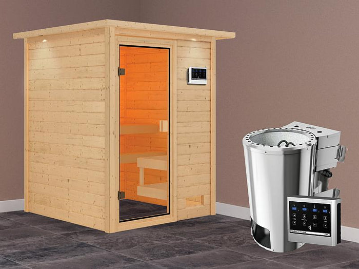 Karibu Sauna Sandra mit 3,6 kW Bioofen ext. Strg und Dachkranz 38 mm