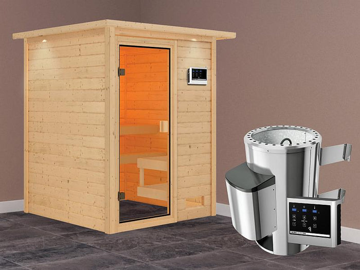 Karibu Sauna Sandra mit 3,6 kW Ofen ext. Strg und Dachkranz 38 mm