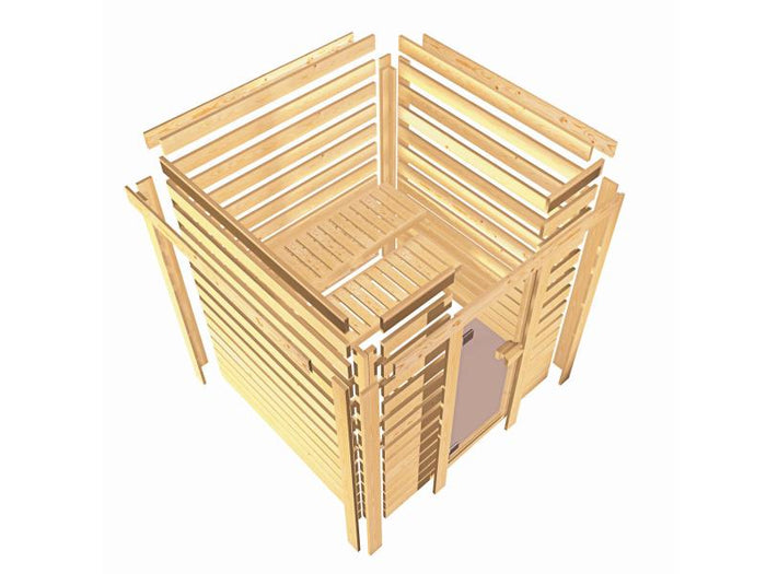 Karibu Sauna Selena inkl. 9 kW Ofen ext. Steuerung mit klassischer Saunatür -mit Dachkranz-