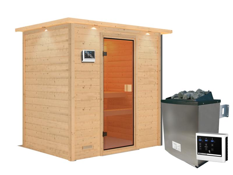 Karibu Sauna Selena inkl. 9 kW Ofen ext. Steuerung mit klassischer Saunatür -mit Dachkranz-