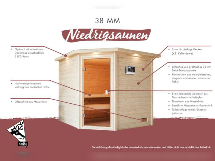 Karibu Sauna Selena inkl. 9 kW Ofen integr. Steuerung mit klassischer Saunatür -mit Dachkranz-