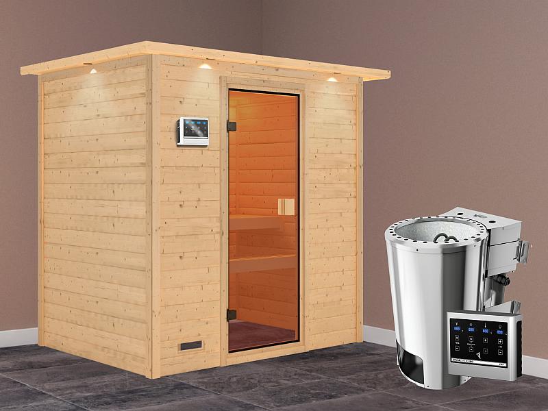 Karibu Sauna Selena mit 3,6 kW Bioofen ext. Strg und Dachkranz 38 mm