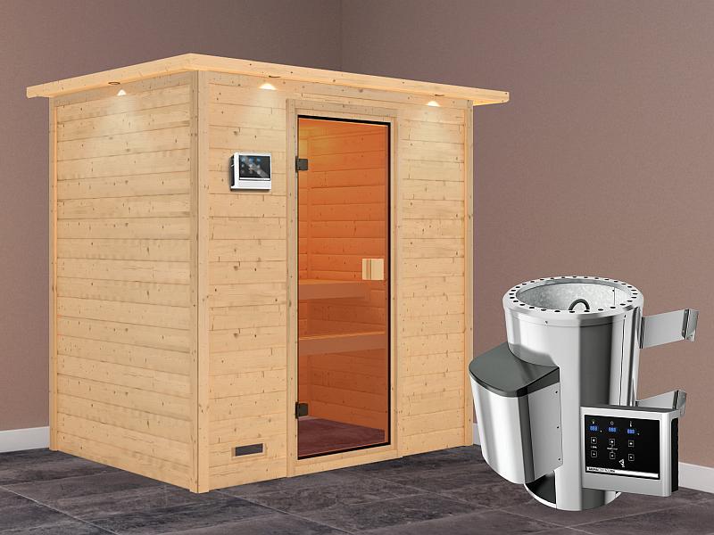 Karibu Sauna Selena mit 3,6 kW Ofen ext. Strg und Dachkranz 38 mm