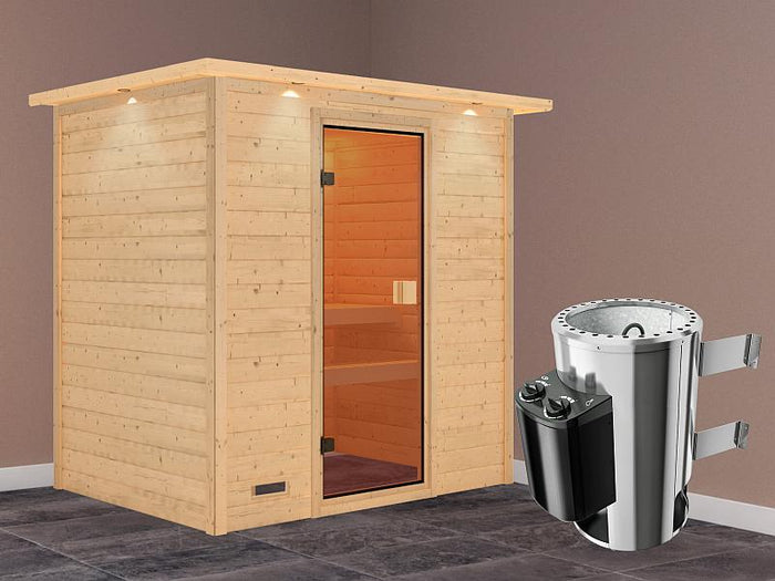 Karibu Sauna Selena mit 3,6 kW Ofen integr. Strg und Dachkranz 38 mm