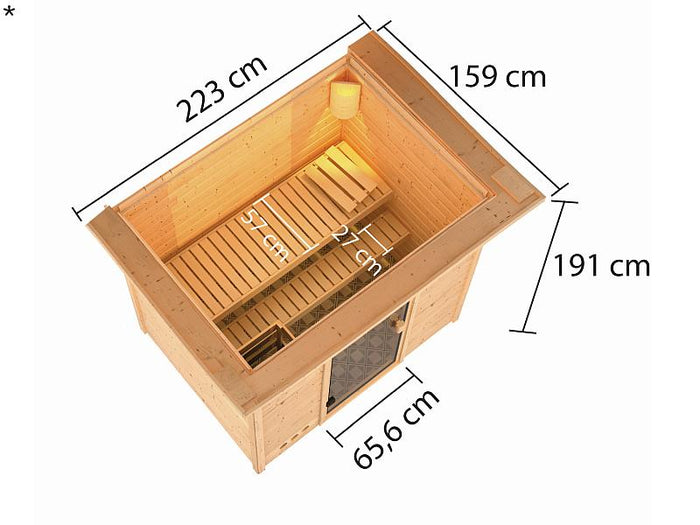 Karibu Sauna Selena mit 3,6 kW Ofen integr. Strg und Dachkranz 38 mm