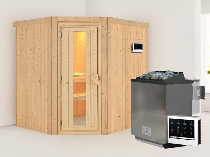 Karibu Sauna Siirin inkl. 9 kW Bioofen ext. Steuerung, mit energiesparender Saunatür - ohne Dachkran