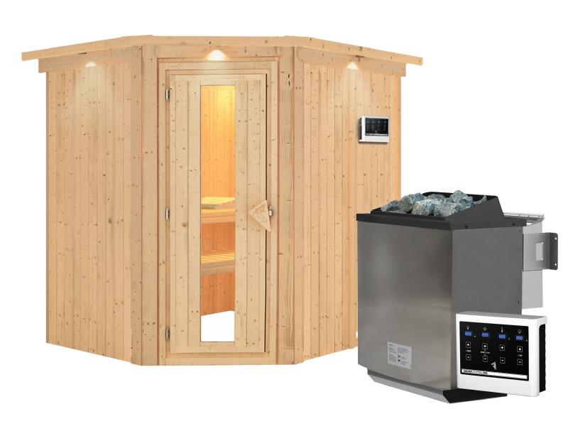Karibu Sauna Siirin inkl. 9 kW Bioofen ext. Steuerung mit energiesparender Saunatür -mit Dachkranz-