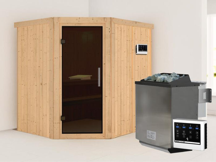 Karibu Sauna Siirin inkl. 9 kW Bioofen ext. Steuerung mit moderner Saunatür  -ohne Dachkranz-
