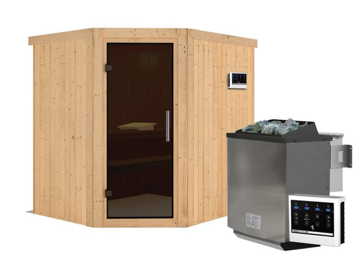 Karibu Sauna Siirin inkl. 9 kW Bioofen ext. Steuerung mit moderner Saunatür  -ohne Dachkranz-