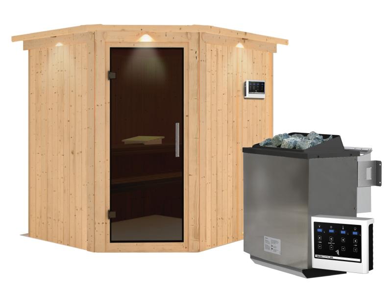 Karibu Sauna Siirin inkl. 9 kW Bioofen ext. Steuerung mit moderner Saunatür -mit Dachkranz-