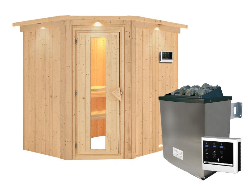 Karibu Sauna Siirin inkl. 9 kW Ofen ext. Steuerung mit energiesparender Saunatür - mit Dachkranz -