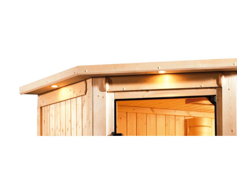 Karibu Sauna Siirin inkl. 9 kW Ofen ext. Steuerung mit moderner Saunatür -mit Dachkranz-