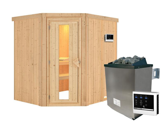 Karibu Sauna Siirin inkl. 9 kW Ofen ext. Steuerung, mit energiesparender Saunatür -ohne Dachkranz-