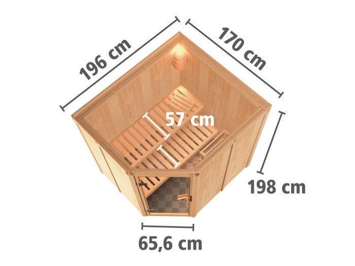 Karibu Sauna Siirin inkl. 9 kW Ofen ext. Steuerung, mit energiesparender Saunatür -ohne Dachkranz-