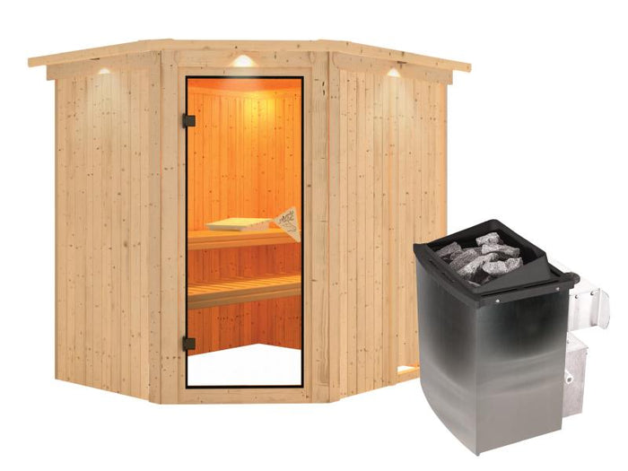 Karibu Sauna Siirin inkl. 9 kW Ofen integr. Steuerung mit klassischer Saunatür - mit Dachkranz -