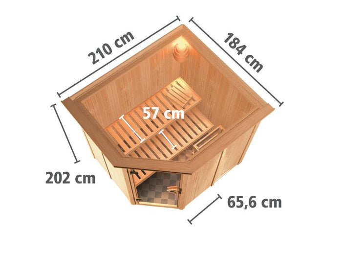 Karibu Sauna Siirin inkl. 9 kW Ofen integr. Steuerung mit klassischer Saunatür - mit Dachkranz -