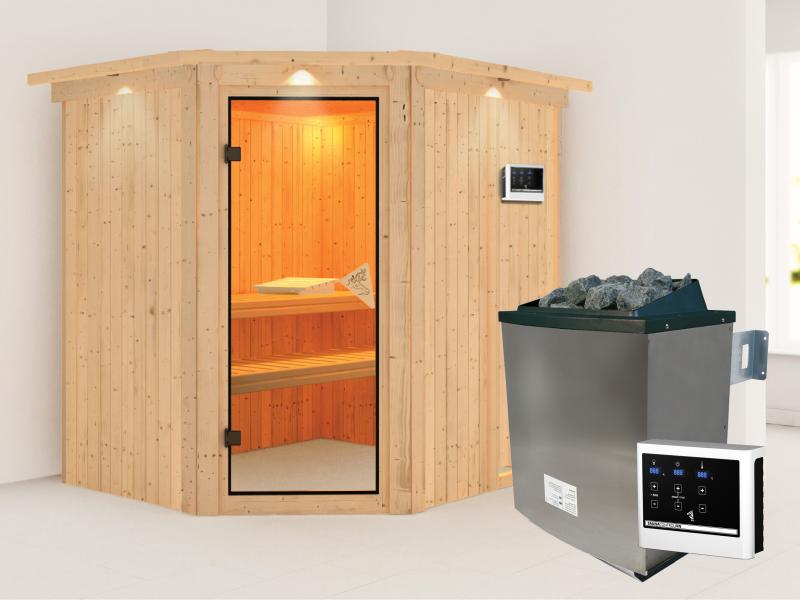 Karibu Sauna Siirin inkl. 9 kW Ofen integr. Steuerung mit klassischer Saunatür - mit Dachkranz -