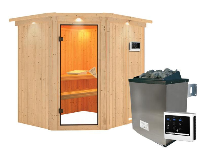 Karibu Sauna Siirin inkl. 9 kW Ofen integr. Steuerung mit klassischer Saunatür - mit Dachkranz -