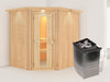 Karibu Sauna Siirin inkl. 9 kW Ofen integr. Steuerung mit energiesparender Saunatür - mit Dachkranz