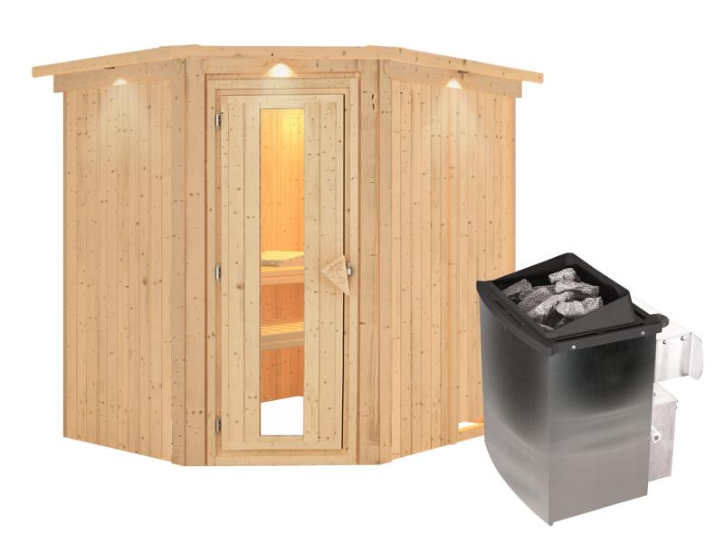 Karibu Sauna Siirin inkl. 9 kW Ofen integr. Steuerung mit energiesparender Saunatür - mit Dachkranz