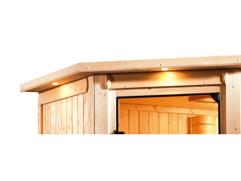 Karibu Sauna Siirin inkl. 9 kW Ofen integr. Steuerung mit energiesparender Saunatür - mit Dachkranz