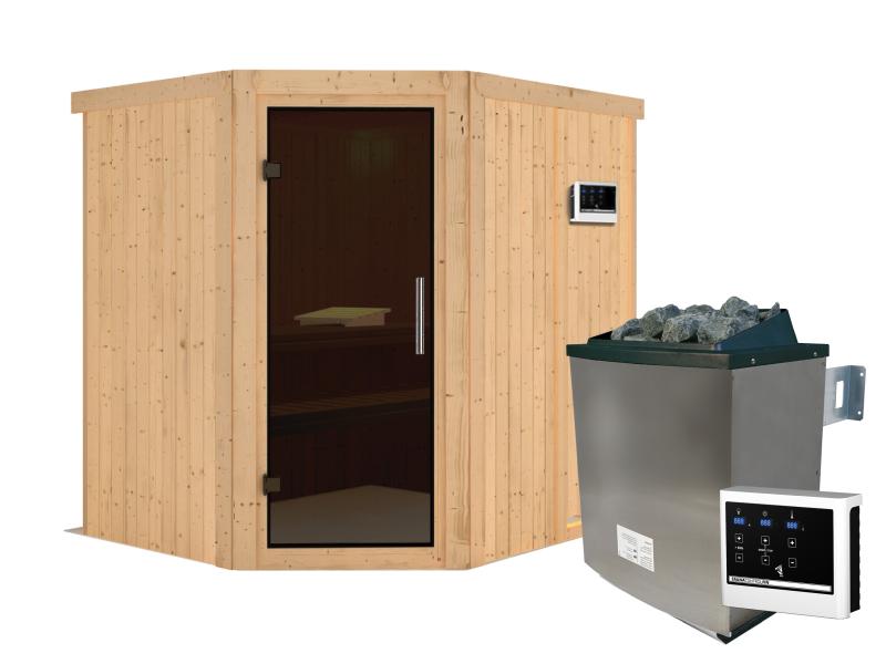 Karibu Sauna Siirin inkl. 9 kW Ofen mit externer Steuerung mit moderner Saunatür -ohne Dachkranz-