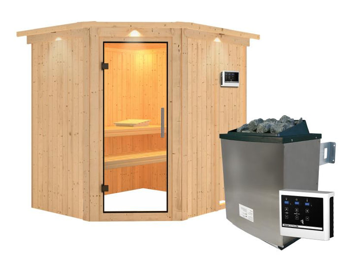 Karibu Sauna Siirin inkl. 9kW Ofen mit ext. Steuerung mit Klarglas Ganzglastür -mit Dachkranz-