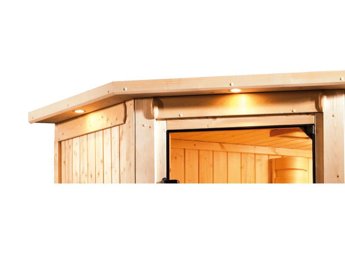 Karibu Sauna Siirin inkl. 9kW Ofen mit ext. Steuerung mit Klarglas Ganzglastür -mit Dachkranz-