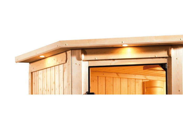 Karibu Sauna Siirin inkl. 9kW Ofen mit int. Steuerung mit Klarglas Ganzglastür -mit Dachkranz-