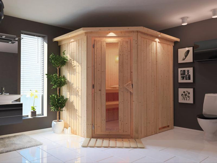 Karibu Sauna Siirin ohne Ofen, mit Dachkranz, mit energiesparender Saunatür