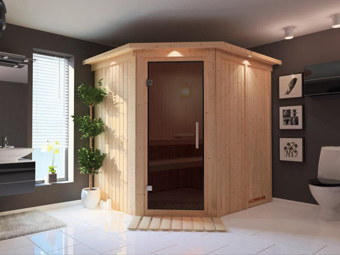 Karibu Sauna Siirin ohne Ofen, mit Dachkranz, mit moderner Saunatür