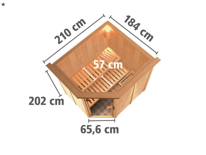Karibu Sauna Siirin ohne Ofen, mit Dachkranz, mit moderner Saunatür