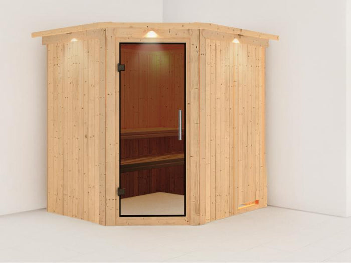 Karibu Sauna Siirin ohne Ofen, mit Dachkranz, mit moderner Saunatür
