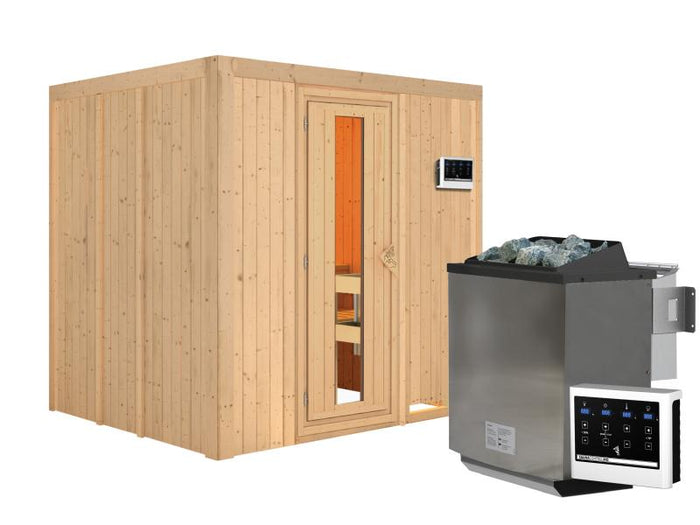 Karibu Sauna Sodin inkl. 9 kW Bioofen ext. Steuerung mit energiesparender Saunatür - ohne Dachkranz