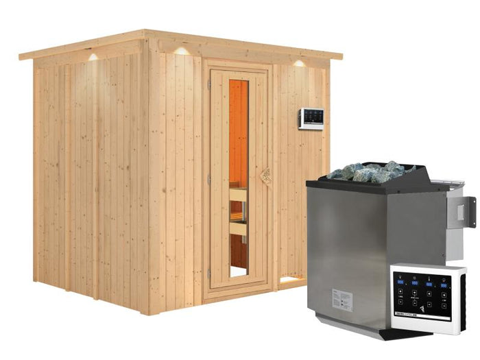 Karibu Sauna Sodin inkl. 9 kW Bioofen ext. Steuerung mit energiesparender Saunatür - mit Dachkranz -