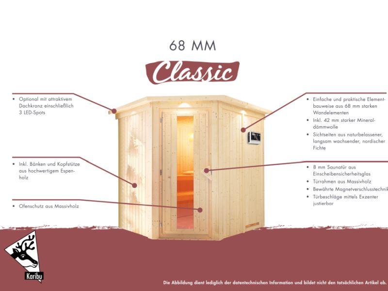 Karibu Sauna Sodin inkl. 9 kW Bioofen ext. Steuerung mit Klarglas Ganzglastür - mit Dachkranz -