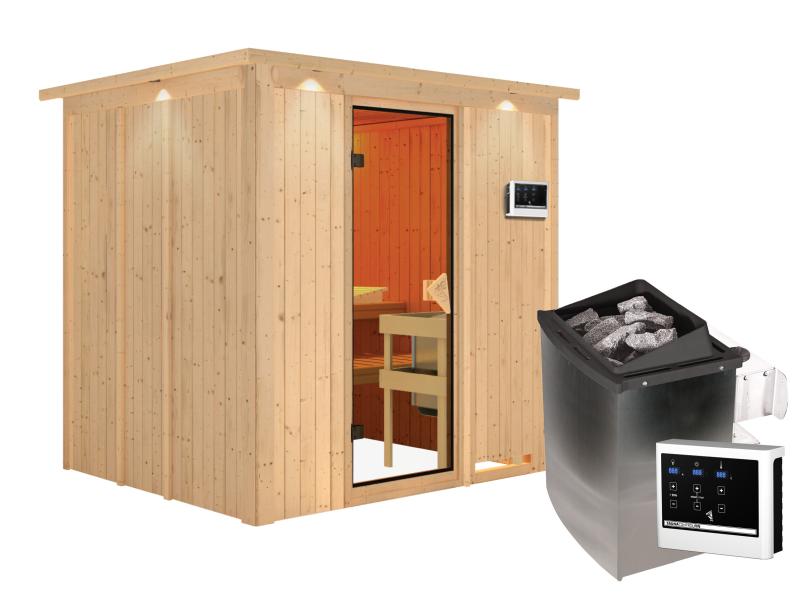 Karibu Sauna Sodin inkl. 9 kW Ofen ext. Steuerung mit bronzierter Ganzglastür - mit Dachkranz -