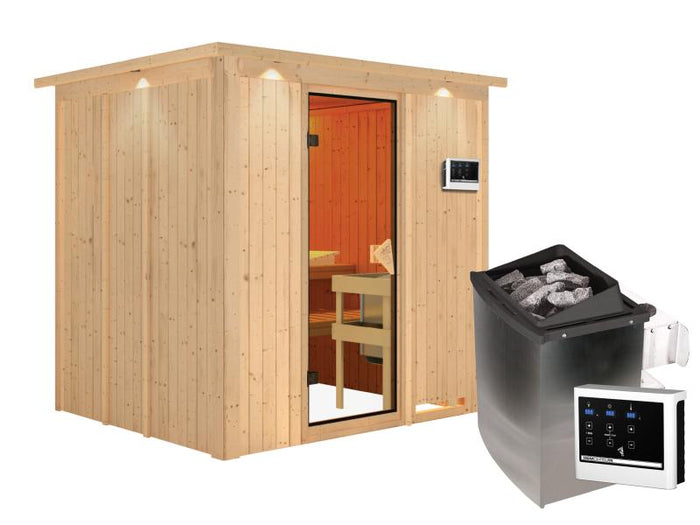 Karibu Sauna Sodin inkl. 9 kW Ofen ext. Steuerung mit bronzierter Ganzglastür - mit Dachkranz -