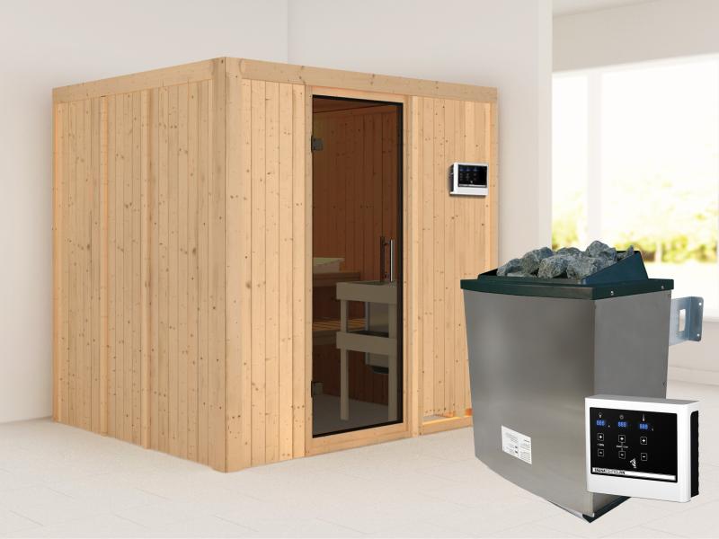 Karibu Sauna Sodin inkl. 9 kW Ofen ext. Steuerung  mit moderner Saunatür - ohne Dachkranz -